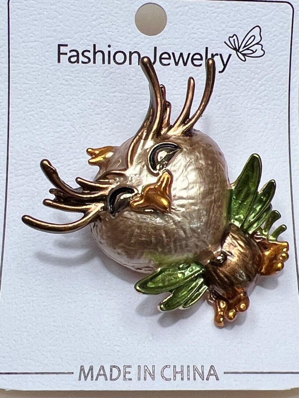 3/$18 Fashion Jewelry Gold-Tone Owl Brooch with Green Enamel Wings Lot 7013